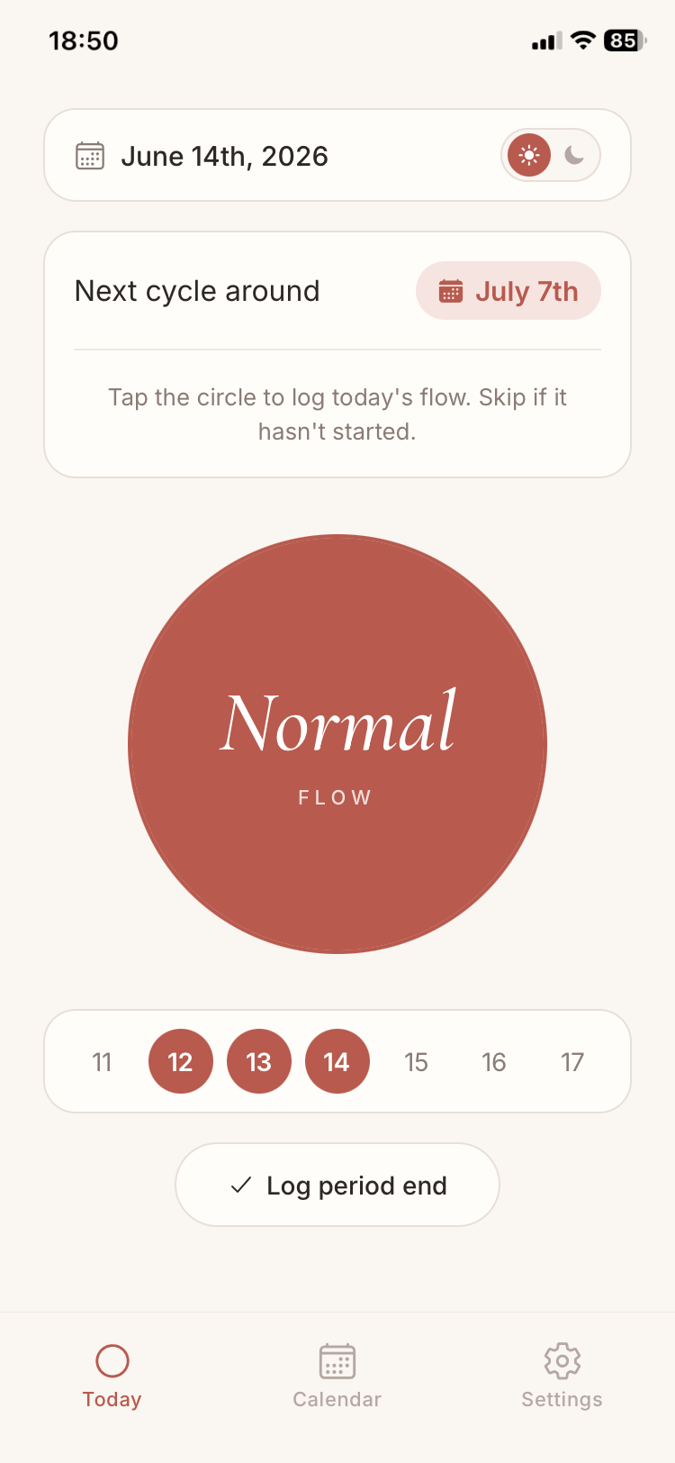 TeenCycle Today screen with a normal flow logged, the circle filled terracotta