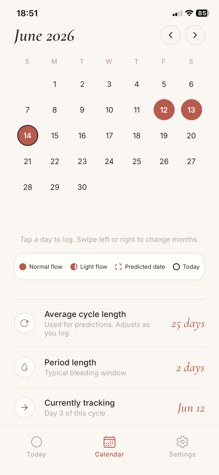 TeenCycle Calendar screen showing logged days in terracotta, a predicted date outlined, and cycle stats below