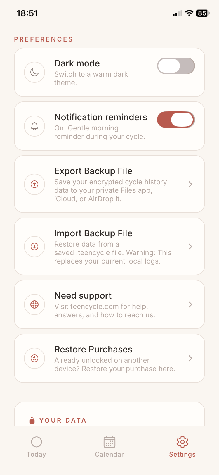 TeenCycle Settings screen with dark mode, notification reminders, and encrypted backup options