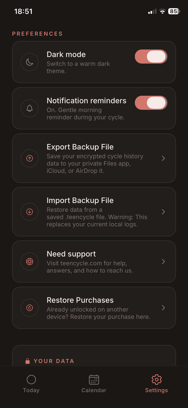 TeenCycle Settings screen in dark mode