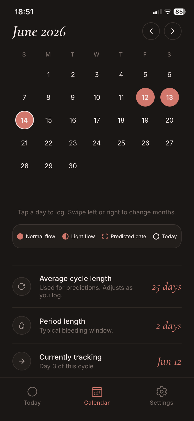 TeenCycle Calendar screen in dark mode