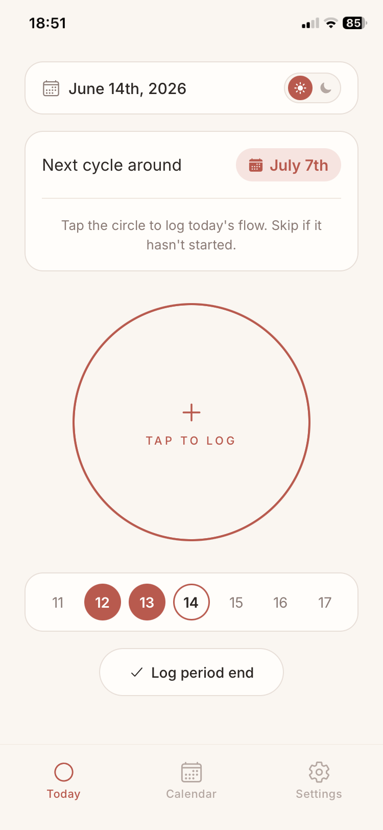TeenCycle Today screen with an empty circle that reads tap to log