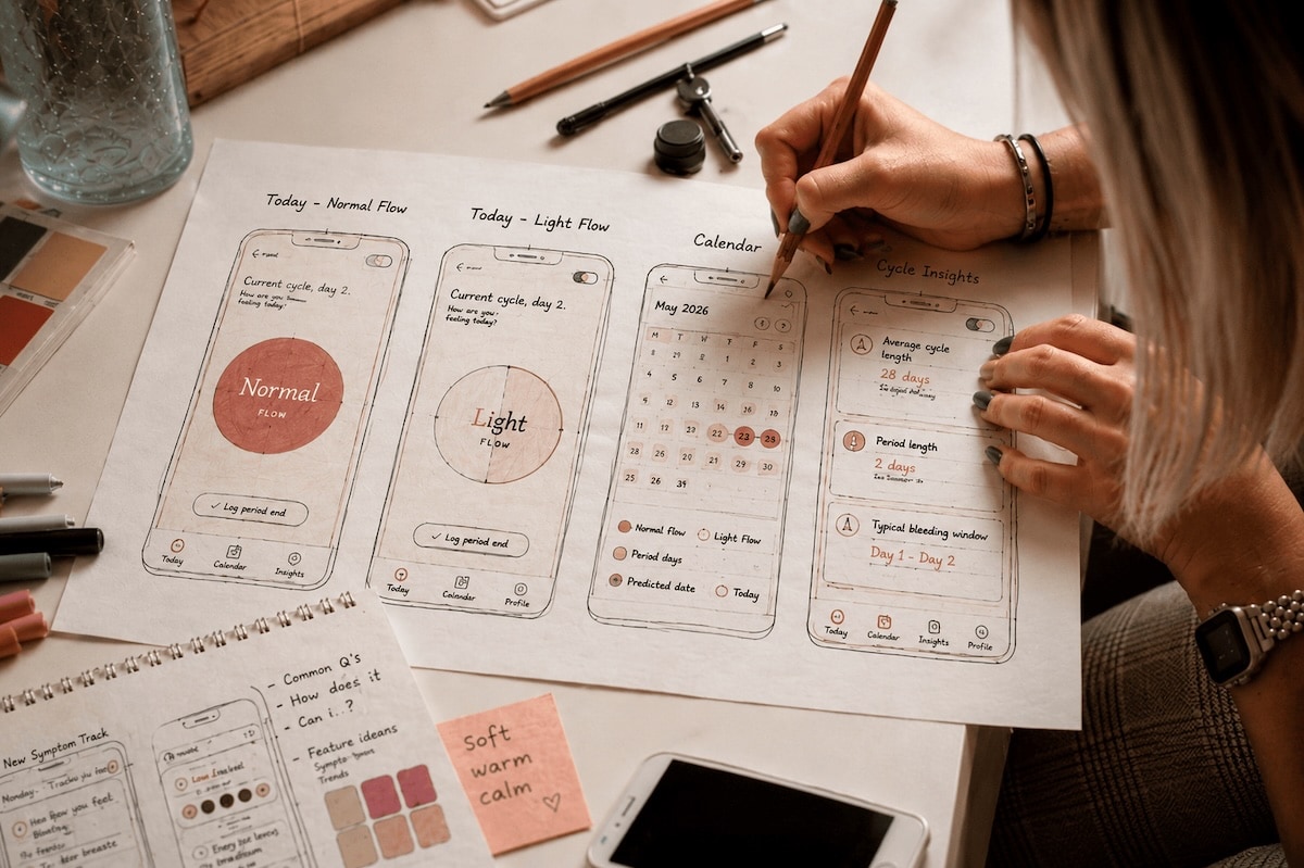 Hand-drawn wireframes of the TeenCycle app screens on paper, with a hand sketching in pencil on a warm wooden desk.