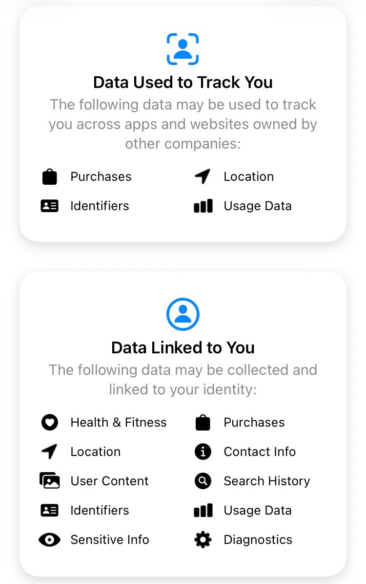 Flo’s App Store privacy panel. Data used to track you: purchases, location, identifiers, usage data. Data linked to you: health and fitness, purchases, location, contact info, user content, search history, identifiers, usage data, sensitive info, diagnostics.