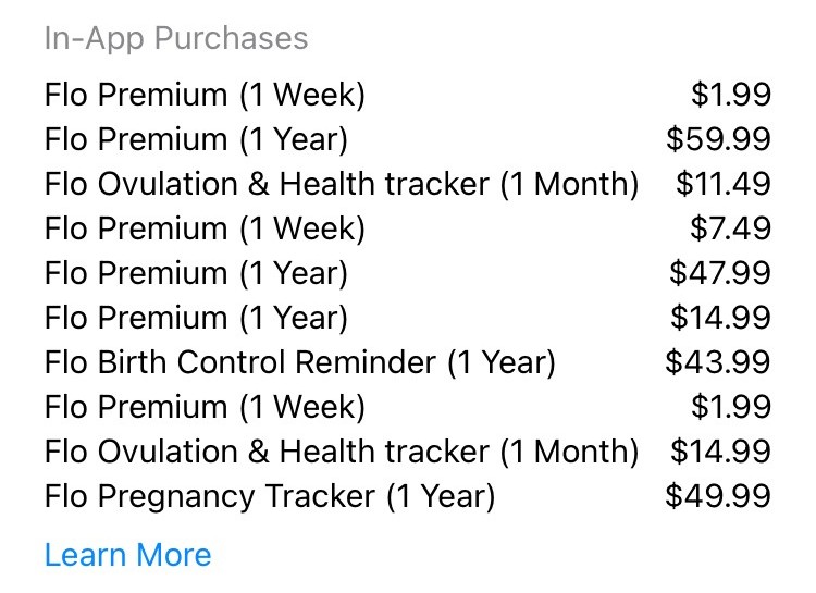 Flo’s App Store in-app purchases list: ten products, including Flo Premium (1 Week) at $1.99 and $7.49, Flo Premium (1 Year) at $59.99, $47.99 and $14.99, and other add-ons up to $49.99.